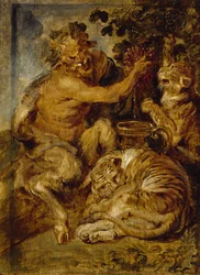 Un satyre pressant des raisins avec un tigre et un léopard, vers 1618